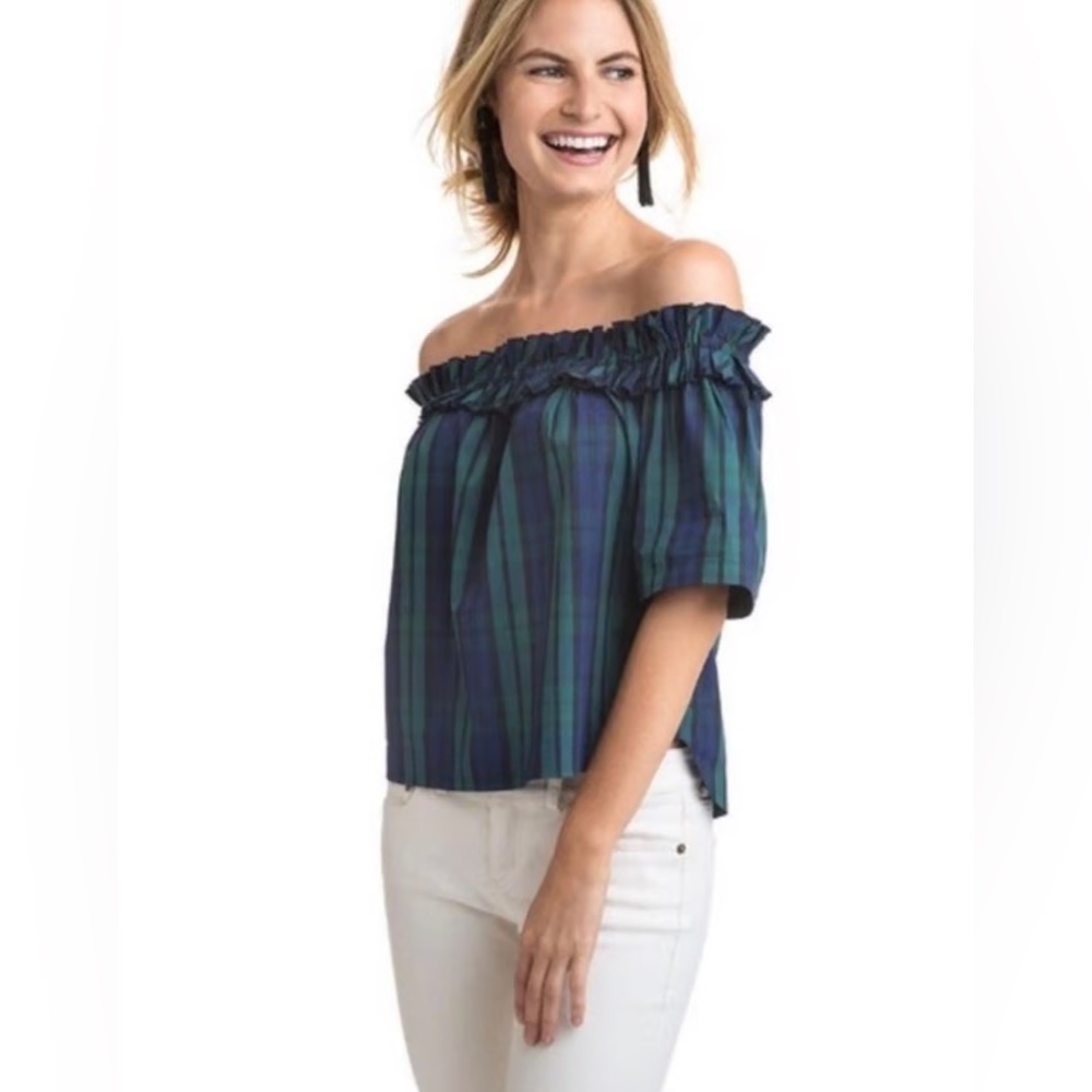 Vineyard Vines Backwatch‎ Off the Shoulder Poplin Tartan Plaid Top Blouse XS